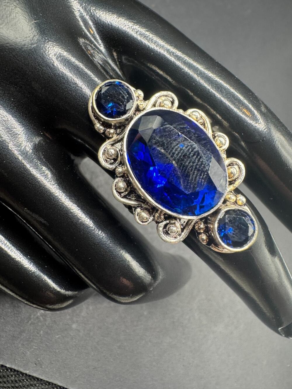 Vtg Blue Sapphire 925 Sterling Silver Jewelry Statement Cocktail Ring Sz 7.5